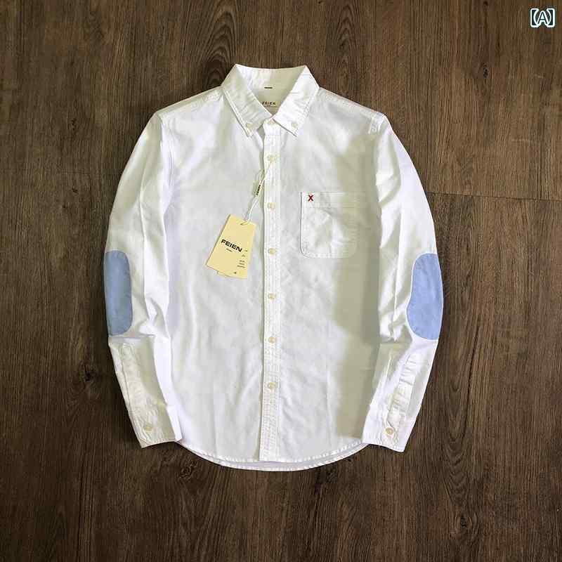 シンプル メンズ Yシャツ カウンター 価格 399 秋 ウォッシュド コットン オックスフォード メンズ パッチ スリーブ シャツ カジュアル 長袖(4)