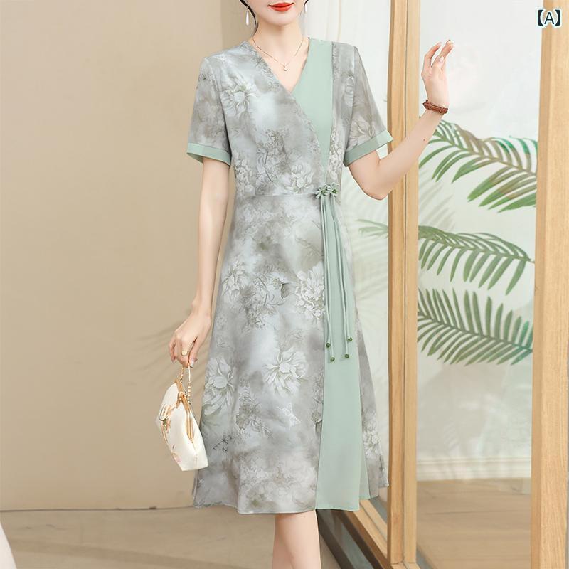パンツドレス レディース チャイナ風 母親の 夏の 半袖 シフォンワンピース 子供 2025 女性 質