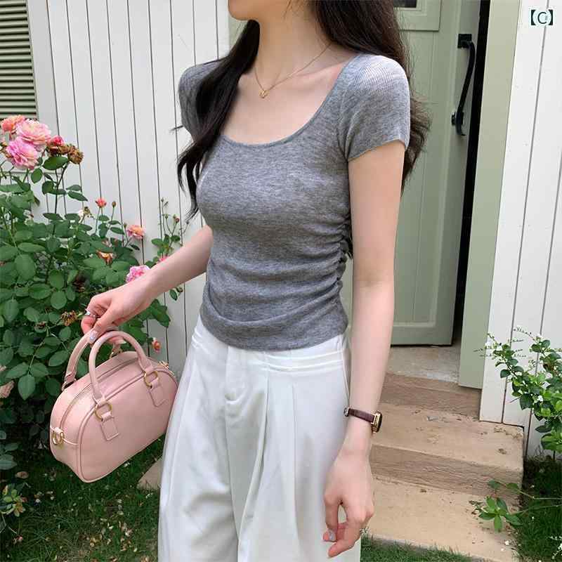 パンツドレス レディース 女性用 ニット 半袖 Tシャツ 2025夏 大きめ カラー 鎖骨 U ネック スリム ウエスト ショート トップス 小柄な 方向 け