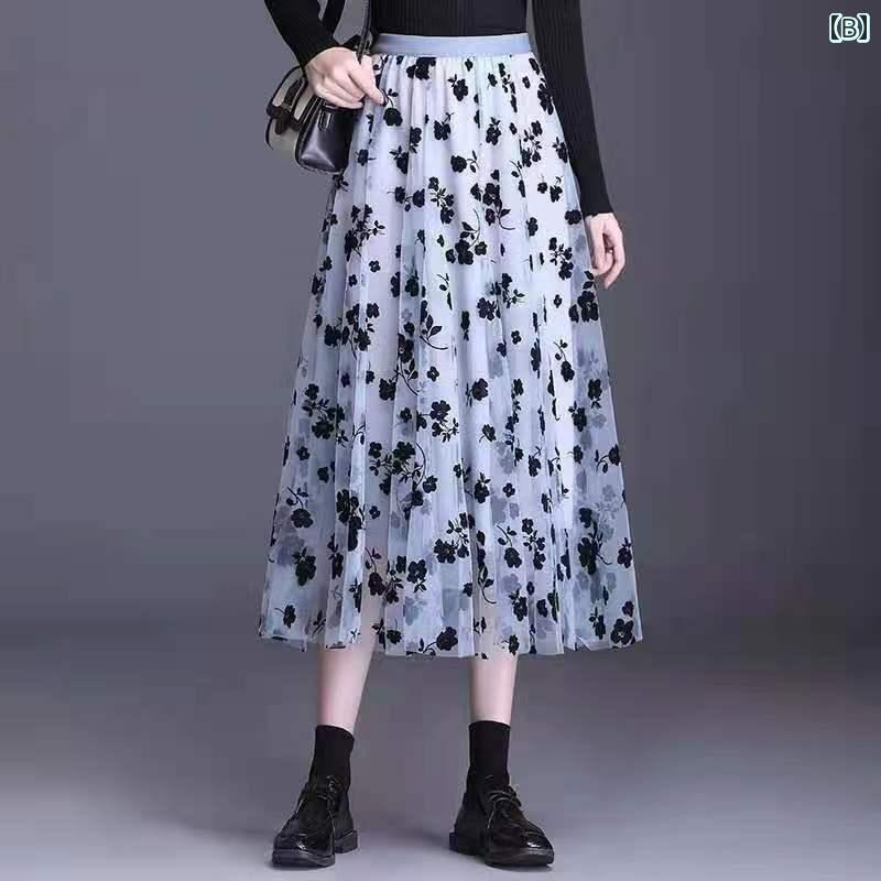 パンツドレス レディース メッシュ スカート レディース 夏 2024 スタイル大 スイング ガーゼ プリント ドレープスカート スリム ロング 薄 部