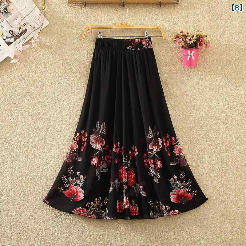 パンツドレス レディース 夏の シフォン ミドル 丈 スカート 女性用 中年 ママ用 伸縮性の ある ハイウエスト スリム ダンス ビッグ スイング