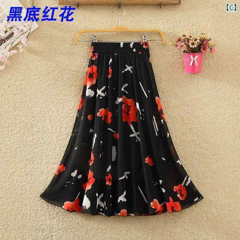 パンツドレス レディース 夏の シフォン ミドル 丈 スカート 女性用 中年 ママ用 伸縮性の ある ハイウエスト スリム ダンス ビッグ スイング