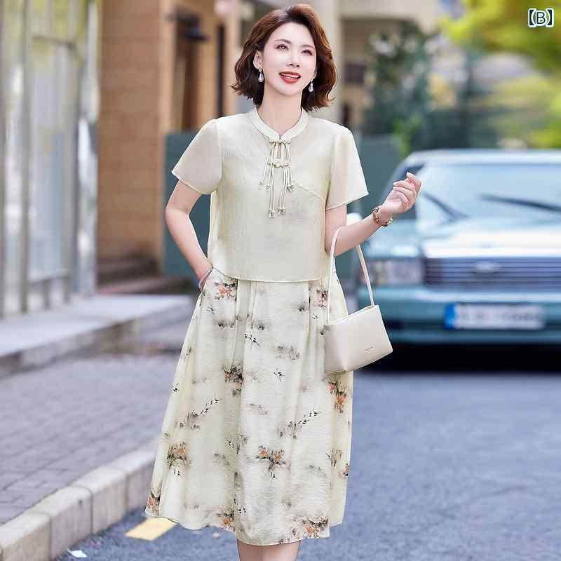 パンツドレス レディース チャイナ風 母親の ドレス 中年と 高齢の 女性は フェイクの ツーピースの 民族 風の ハイエンド 雰囲気の スカート 2025 夏の ドレスを 着ます