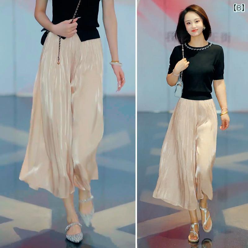 パンツドレス レディース 冷感 パンツ スカート レディース 夏 薄手 七分丈 ワイド レッグ ハイウエスト ドレープ メッシュ aライン ホット スタイル