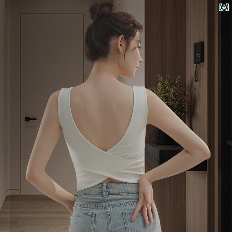 インナー アウターウェア用の 胸 パッド 付き レディース 夏用 キャミソール トップ スリムフィット バックレス 魅惑的 クロス バック ブラトップ