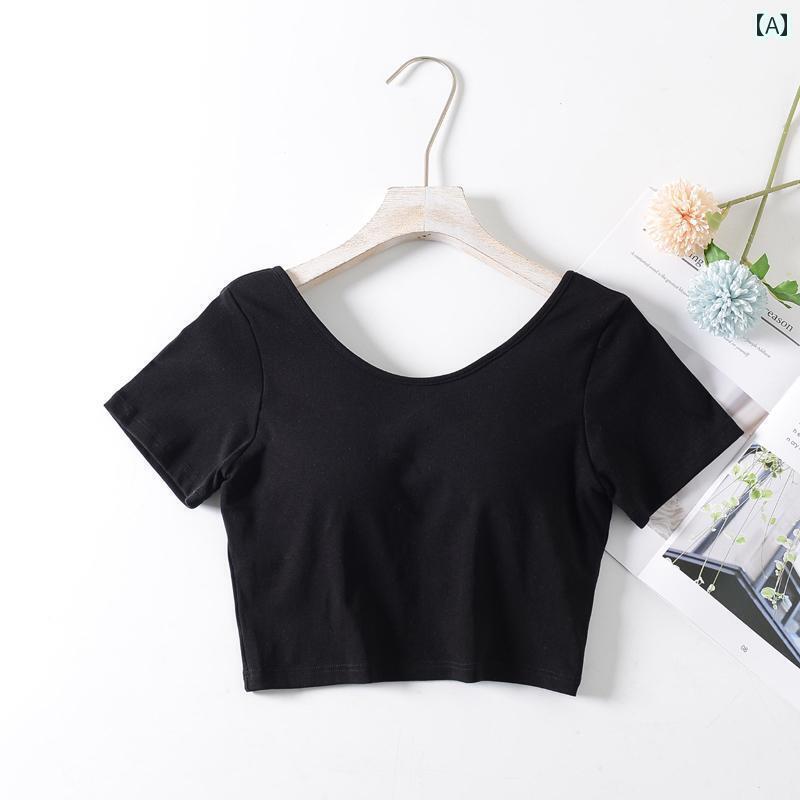 インナー パッド入り ブラジャー へそ 出し 半袖 シンプルで スリム 無地 Tシャツ 美しい 背中と レイ..