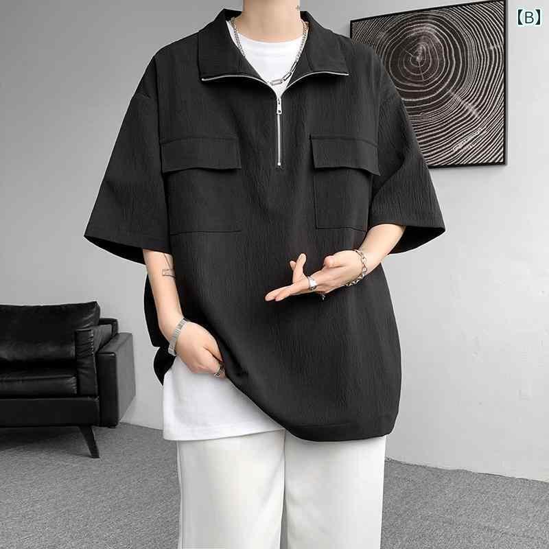 カッコイイ Tシャツ カレッジ ワークウェア スタンドカラー Tシャツ メンズ ブラウン アイビー ポロシャツ アメリカン レトロ ハーフ ジップ 半袖 3点