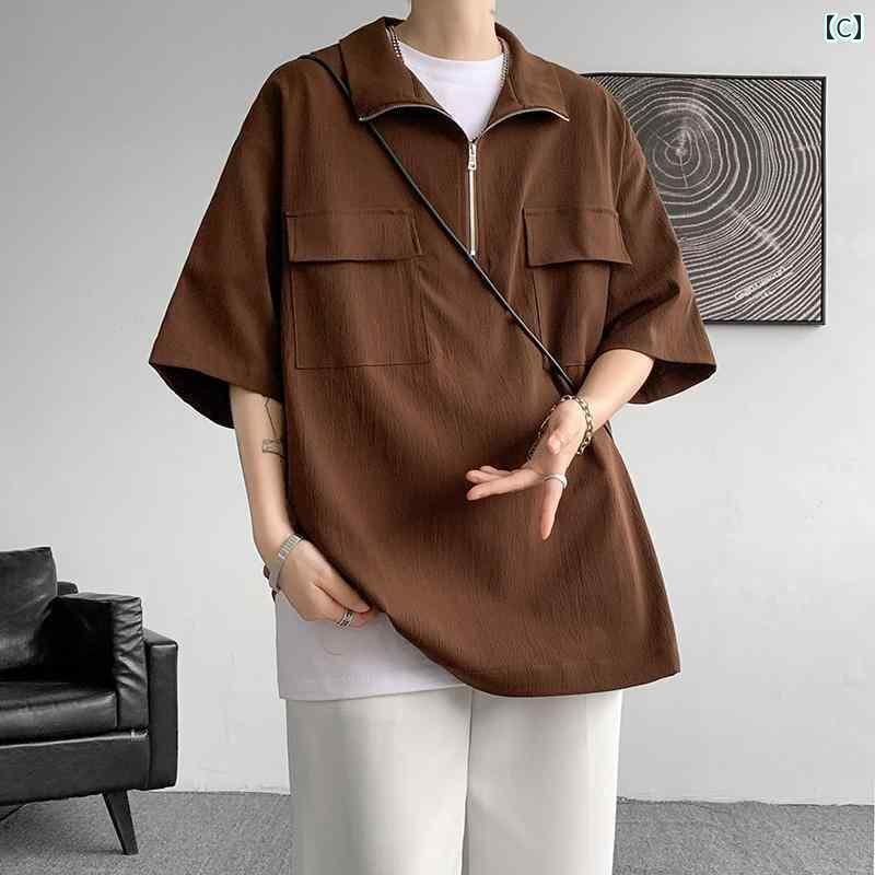 カッコイイ Tシャツ カレッジ ワークウェア スタンドカラー Tシャツ メンズ ブラウン アイビー ポロシャツ アメリカン レトロ ハーフ ジップ 半袖 3点
