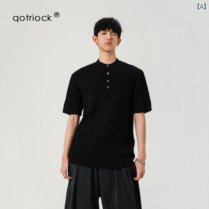 Tシャツ ストリート アメリカ製 ヘビーウェイト ニット ジャカード 半袖 メンズと レディース 夏 ハイエンド ヘンリー カラー Tシャツ カップル ポロシャツ トップス