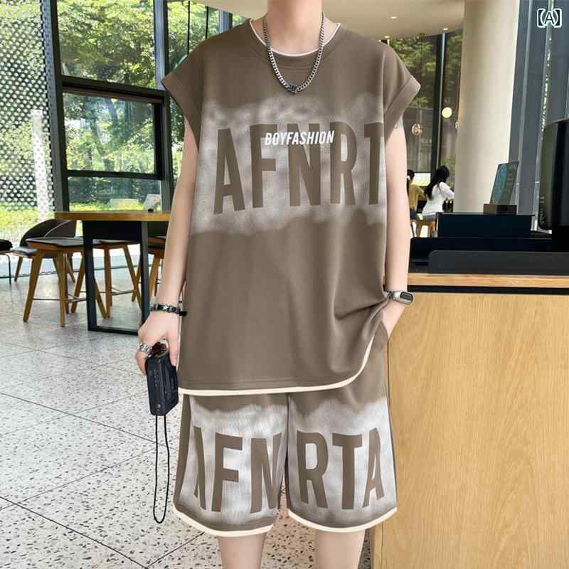 メンズ おしゃれ スウェット セット アメリカン スポーツ ベスト メンズスーツ 夏 冷感 ノースリーブ Tシャツ メンズウェア カジュアル バスケットボール スーツ セット