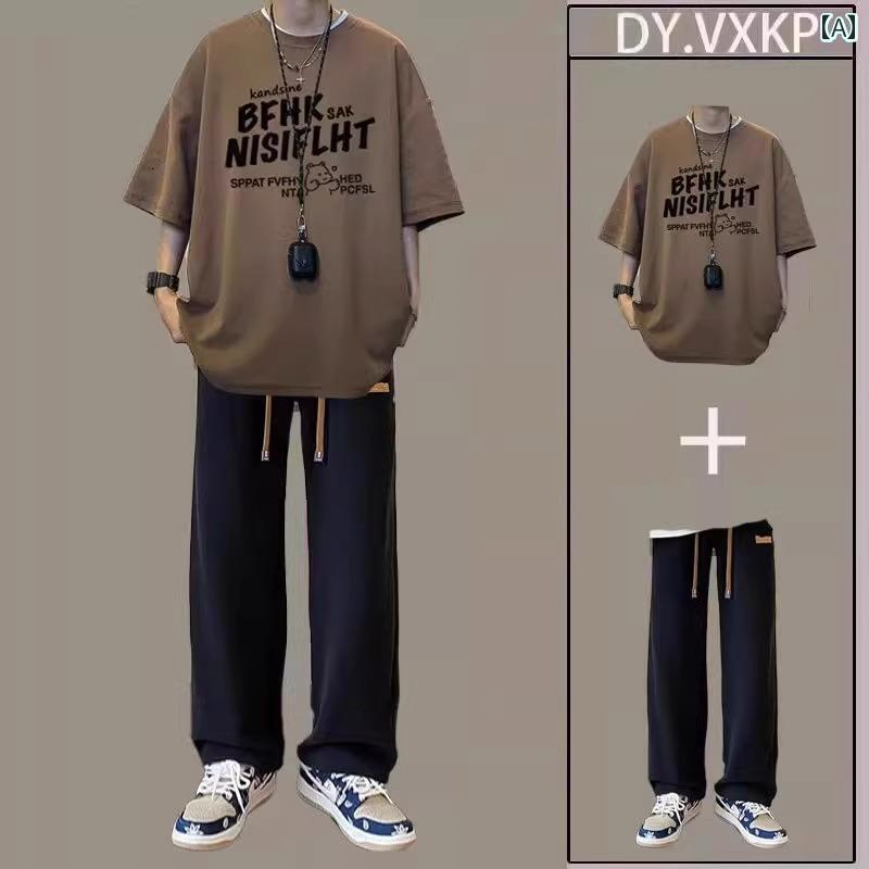 メンズ おしゃれ スウェット セット アメリカ ストリートの 綿の ラウンドネック 半袖 Tシャツ スーツ メンズ 夏のの トップス 服 セット