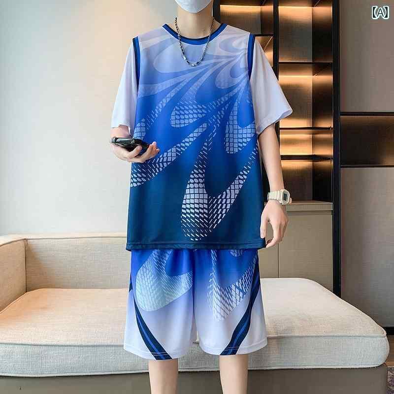 メンズ おしゃれ スウェット セット 半袖 ジャージ メンズ バスケットボール スーツ 高校 受験 スポーツ プリント ボーイズ Tシャツ フェイク ツーピース 速乾