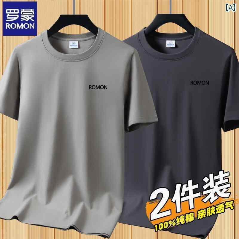 メンズ おしゃれ スウェット セット ロモン 2025 夏 100 % コットン 半袖 Tシャツ メンズ カジュアル ゆったり スポーツ 綿 シャツ