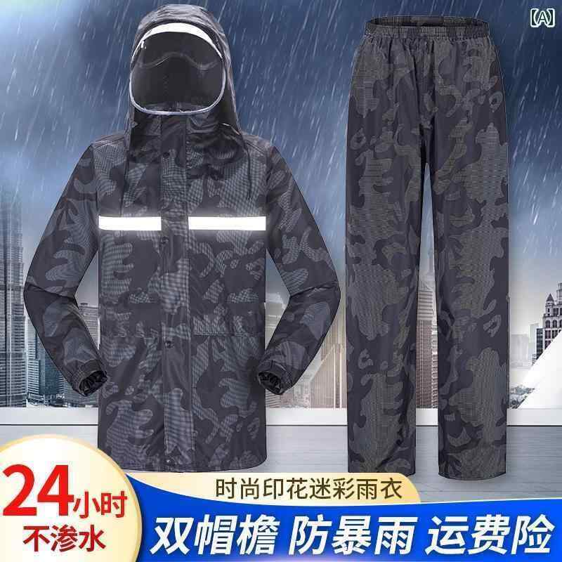 かっぱ 男性用 迷彩 レインコートと レインパンツ スーツ 防風 レインケープ スプリット サイクリング 男女兼用 二 重層 大きいサイズ 全身 防水 アウトド...