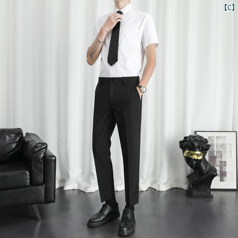 リクルート ビジネス メンズ 男性用 ビジネス カジュアル スーツ 半袖の 白い シャツ 9 ポイントの 黒い ズボン スリムフィットの 作業着 大きいサイズ フォーマルスーツ