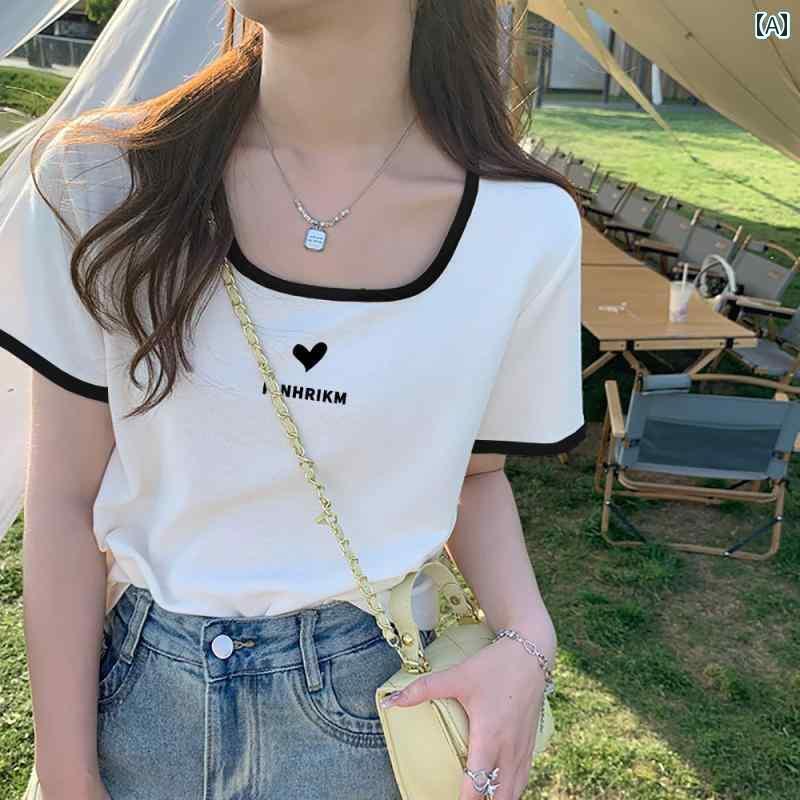 涼しい トップス レディース 2025 春夏 スクエアネック Tシャツ レディー スロー ネック デザイア スタイル グレー カジュアル 鎖骨 半袖 トップス