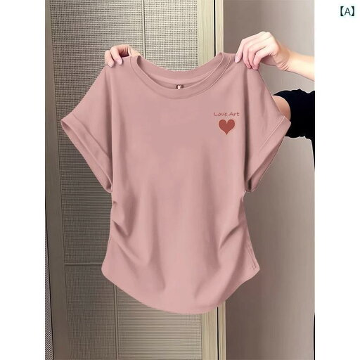 ベーシック トップス レディース ピンクの ラウンドネック ストレート ショルダー 半袖 Tシャツ レディース 夏 韓国 ハート プリント プリーツ ウエスト ショート ホット ガール トップ ベーシック トップス レディース ピンクの ラウンドネック ストレート ショルダー 半袖 Tシャツ レディース 夏 韓国 ハート プリント プリーツ ウエスト ショート ホット ガール トップ