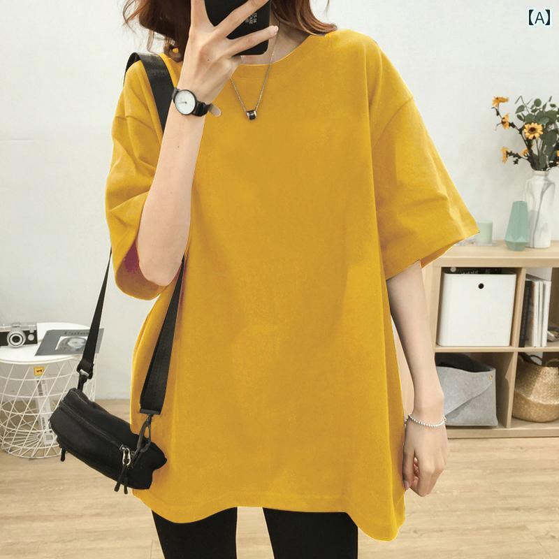 かわいい レディース ロンT ターメリック イエロー ミディアム 丈 半袖 Tシャツ レディース 綿 夏 韓国..