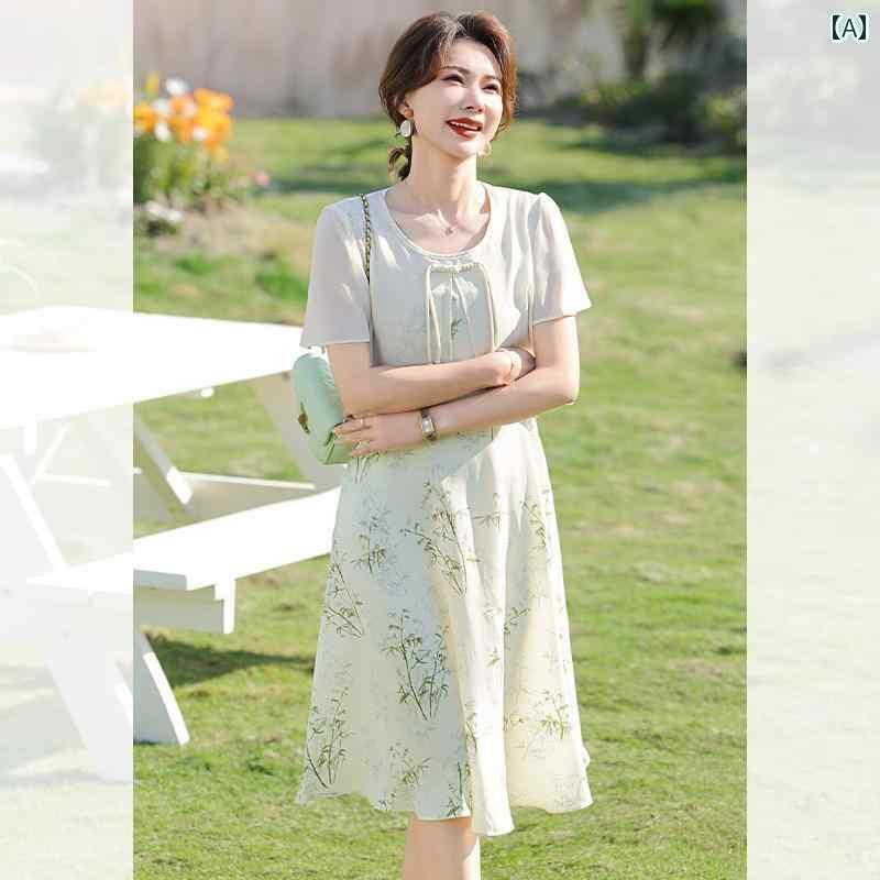 きれい 夏 ワンピース チャイナ風 母の 夏の シフォン ドレス レディース 日の 贈り物 半袖の 西洋風の スカート