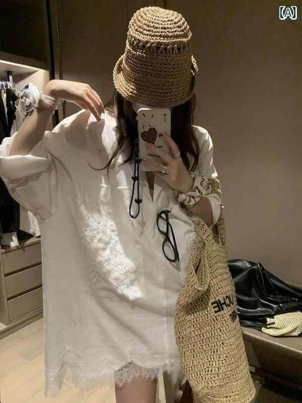 かわいい シャツワンピース レディース ゆったり オールド マネー ホワイト レース リネン 立体 かぎ ..