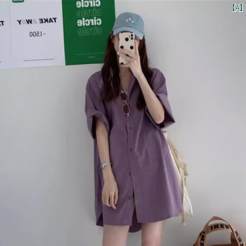 かわいい シャツワンピース レディース シャツ レディース 半袖 夏 薄手 スタイル ファッション カジュアル ドレス ミドル 丈お 尻 カバー