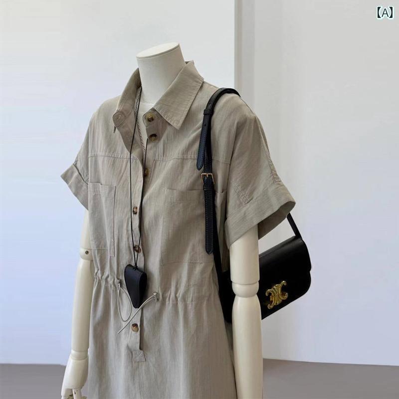 かわいい シャツワンピース レディース レディースシャツ 半袖 ワンピース 韓国 夏 ミドル 丈小 紐 クールスタイル カジュアル ワークウェア 薄手