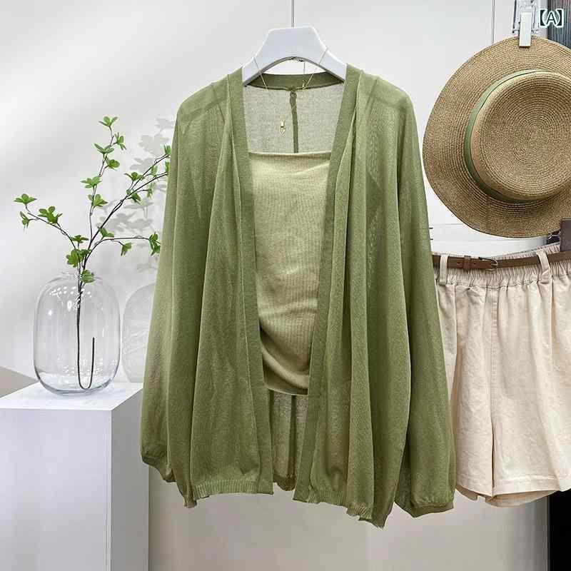 ロングカーディガン 冷え性 UV ゆったり ランタン スリーブの ミドル 丈 日焼け防止 冷感 ニットカーデ..