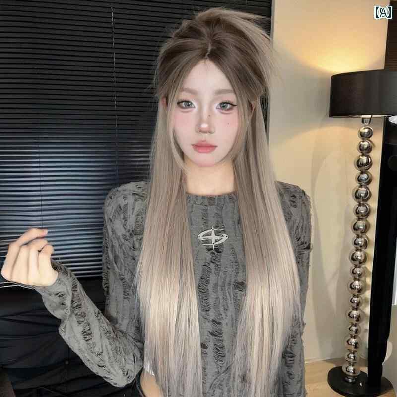 女性用 かつら 渋谷 ホット ガール 女性用 ウィッグ 夏 フロント レース ロング ストレート ヘア グラデーション チョコレート バー スト トップ ダイ フル ヘッド ピース