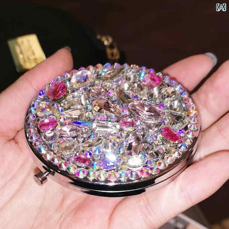 手鏡 コンパクト 高級 ラインストーン 化粧 鏡 折りたたみ 式 ミニ ポータブル 両面 ガールフレンドや 親友用