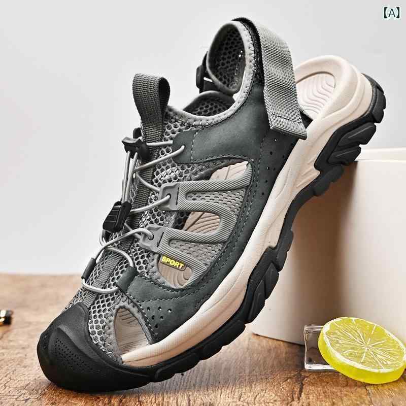 スポーツサンダル メンズ 夏の メンズ 包 頭 サンダル 革 通気性 メッシュ ビーチ シューズ アウトドア スポーツ カジュアル ホール