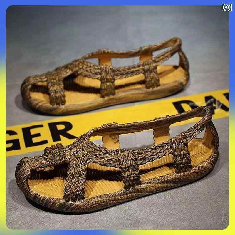 健康サンダル 夏の サンダル レトロ ラタン ストロー アウトドアウェア 滑り止め 柔らかく 通気性の ある メンズ ビーチ