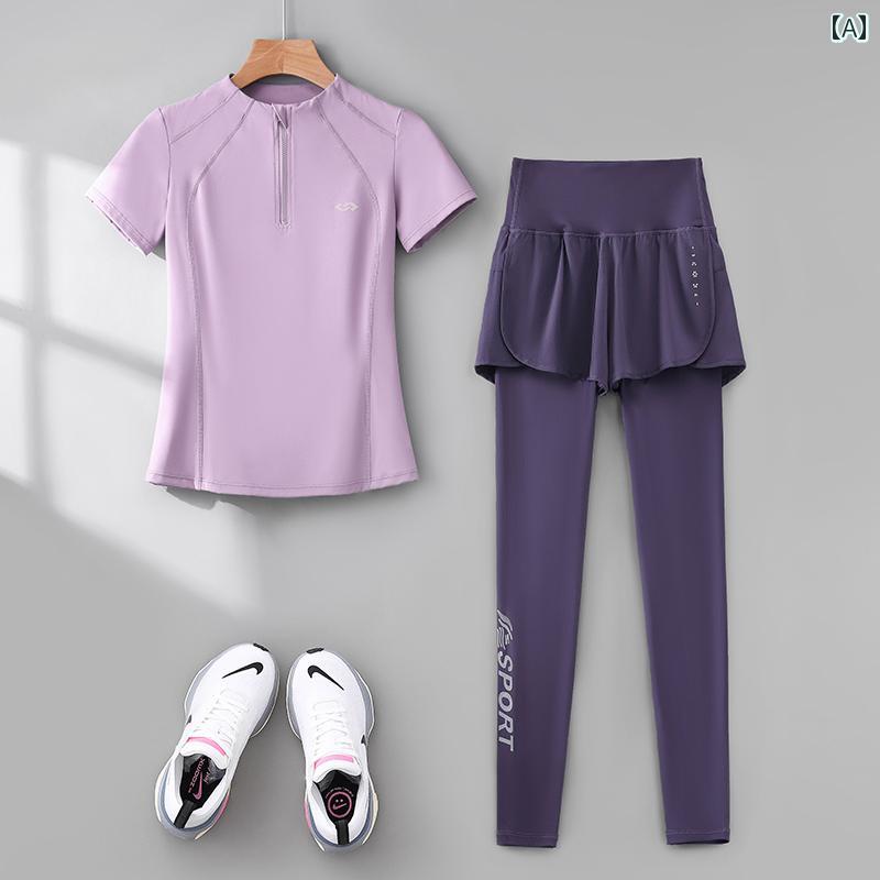 マラソン ウェア フィットネス プロ ランニング レディーススポーツ スーツ 高級 半袖 ヨガ 屋外 マラソン 速乾 朝 ジョギング トレーニング フィットネスウェア