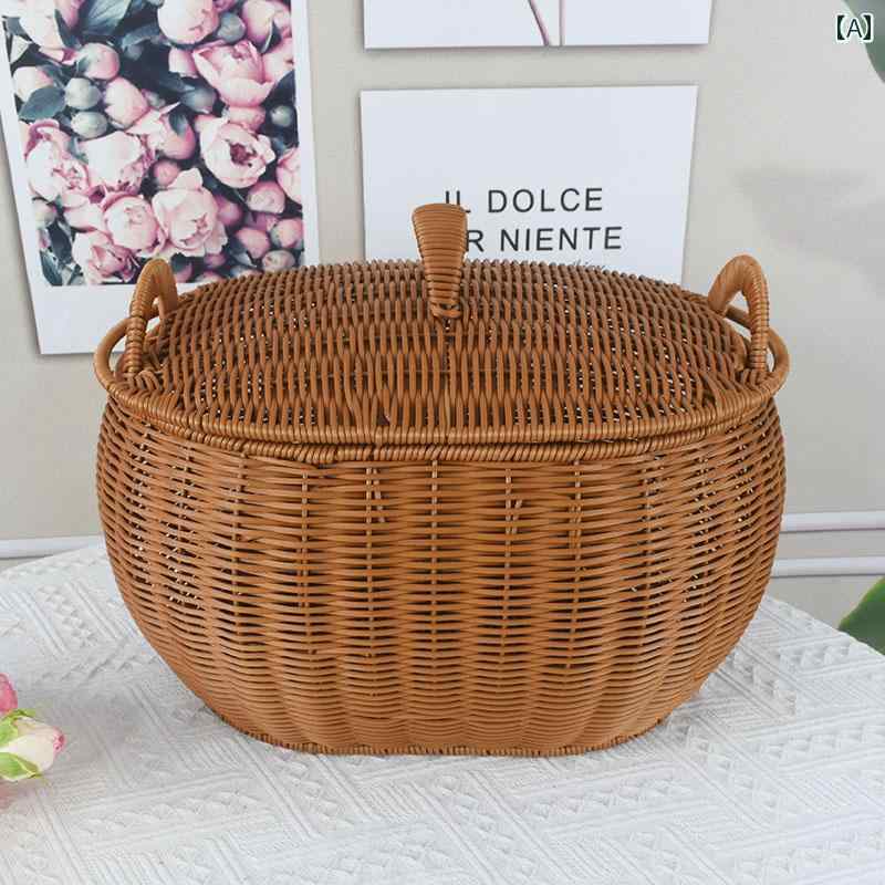 収納 バスケット フェイク 籐 手編み バスケット オーバル 収納 蓋 付き ホーム リビング ルーム フルーツ スナック ピクニック(4)
