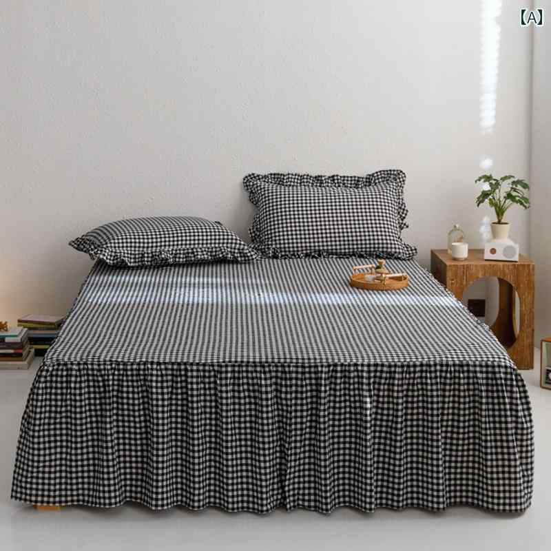 インテリア ベッド スカート 韓国 白黒 チェック 柄 コットン ベッド スカート ワンピース 糸 染め ウォッシュ ベッドスプレッド フリルスカート 綿 4点 セット