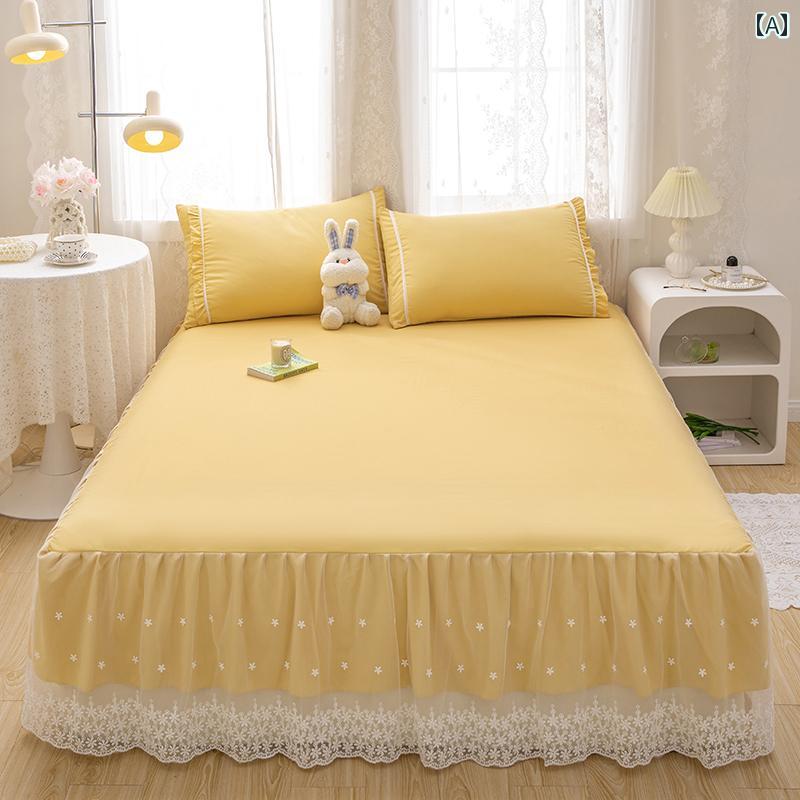 インテリア ベッド スカート ウォッシュド コットン ベッド スカート ワンピース ダブル プリンセス スタイル 2024 レース 無地 ベッドスプレッド エッジ 滑り止め シート 付き