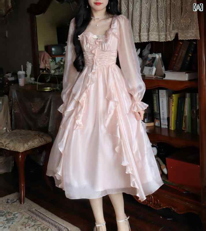 エレガント カラードレス ワンピース 大きめ サイズレディース 服 2024 春 シフォン ヘビー フリル スーパー フェアリー ハイウエスト スリム スイート ロングスリーブ ドレス