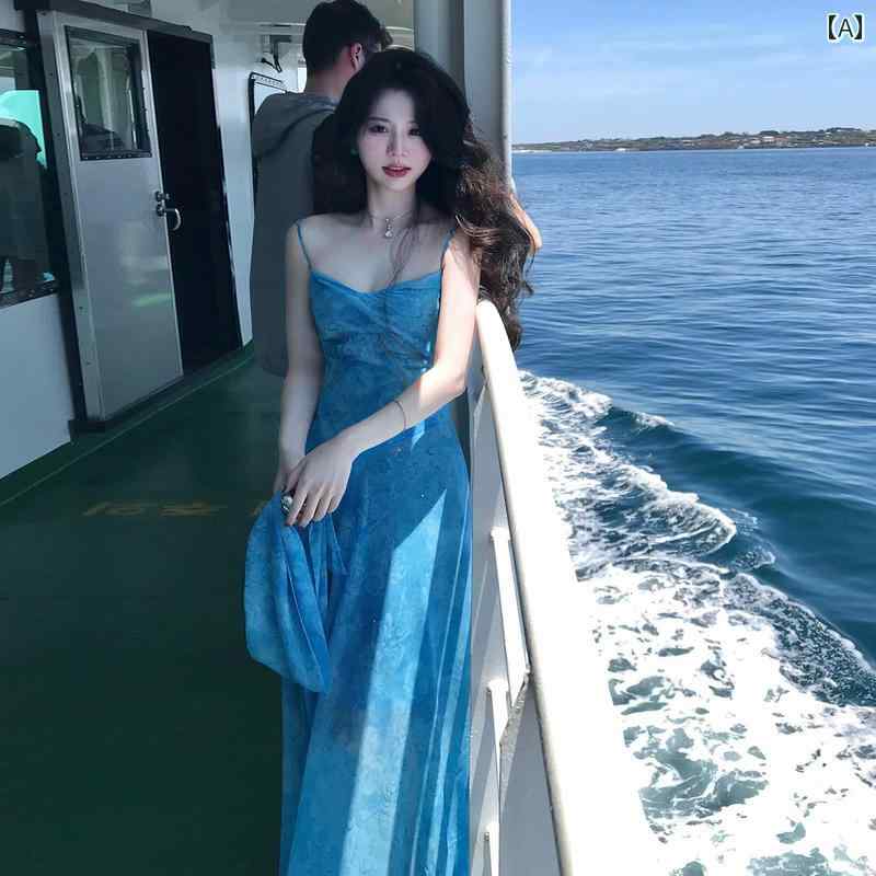 エレガント カラードレス ワンピース 夏の 美しい ホリデー フレンチの タイ ダイ ブルー サスペンダー ドレス 女性用 2025夏の ロング スカート