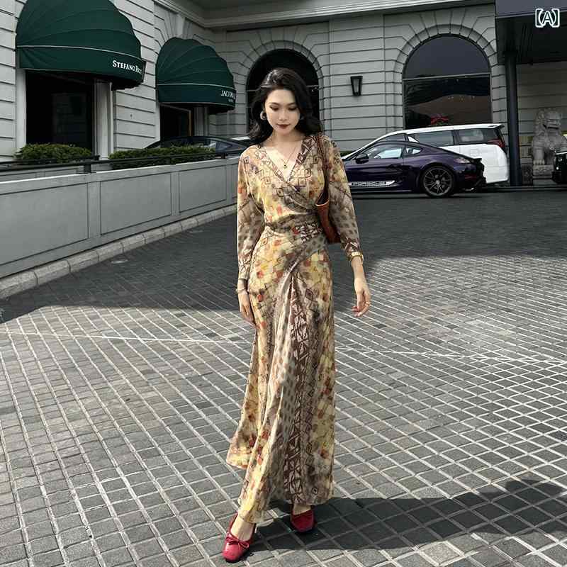 エレガント カラードレス ワンピース ボヘミアン 風のの 長袖 ワンピース レディース 2025夏 フレンチ スカート ロング