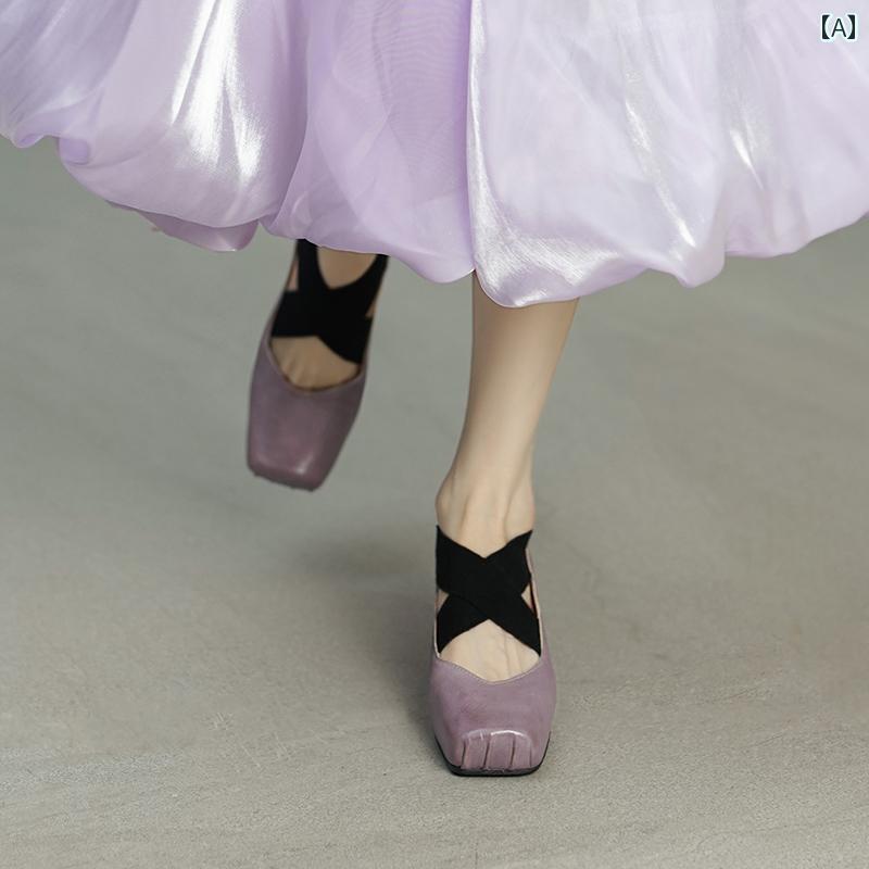 バレエ シューズ レディース 新 色 タロイモ 馬 革 豚 鼻 ファッション バレエ シューズ レディース ミディアム 厚 ヒール シングル パープル メリージェーン レザーシューズ