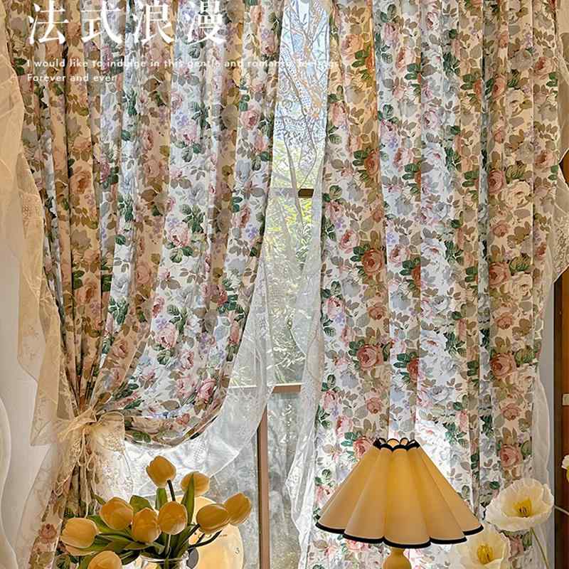 カーテン 爽やか インテリア アメリカ 花柄 コットン カーテン フランスの レトロ ローズ マナー ロコ..