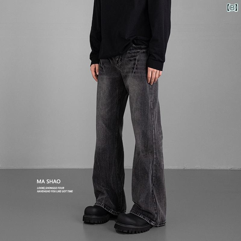 フレア パンツ 男性用 2025 春の アメリカン ストリート クリーン フィット フローラル ライトニング クラック ウォッシュド ジーンズ メンズ ストレート フレアパンツ