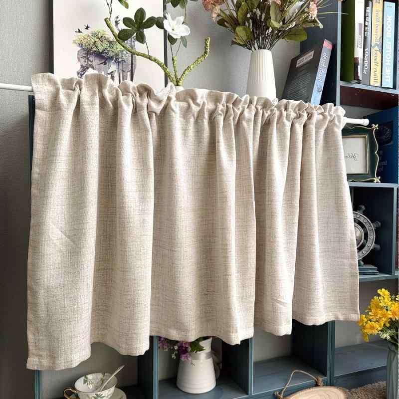 おしゃれ カーテン カフェにも リネン 糸の キッチン ハーフ カーテン シンプル ログ カラーの キャビ..