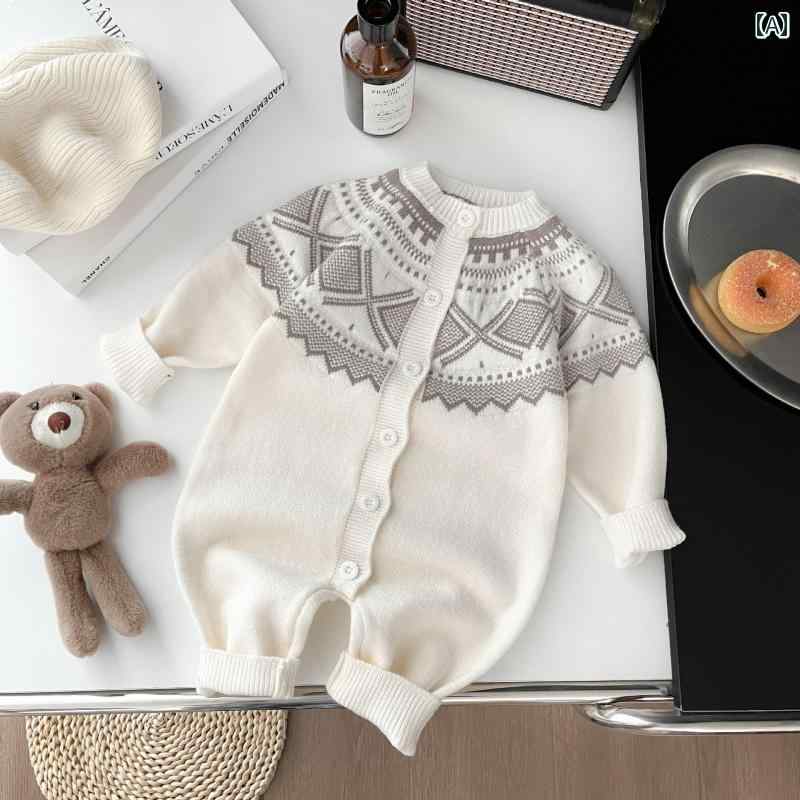ベビー ニット 帽子 セーター 秋冬 ベビー 服 ジャカード ニット 長袖 ジャンプスーツ 新生児 秋 スタイル 登山 お出かけ