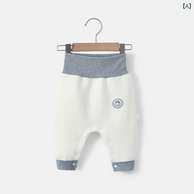 头花 - ベビー 男の子用 保暖パンツ 加厚 秋冬用 綿混 押えボタン ハイウエスト 腹巻き 機能 暖か素材 室内着 普段使い 伸縮性 柔らかい グレー系 ブラック ベージュ