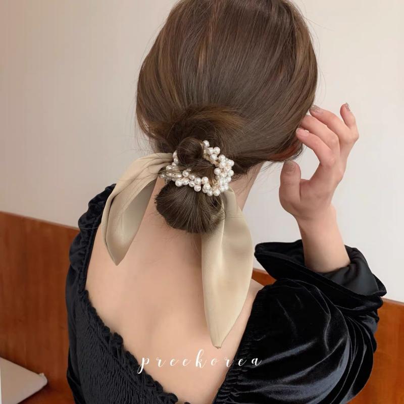 ヘアアクセサリー かわいい ピンク系 純色 真珠 飾り リボン ヘアゴム 伸縮性 シリ...