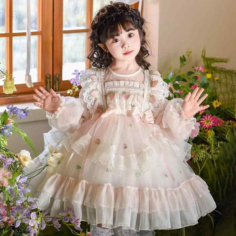 樂天商城 - 女児 プリンセス ワンピース ロリータ スタイル 春秋 かわいい 花仙子 パーティードレス フレア スカート ピンク系 コットン 素材 軽量 伸縮性