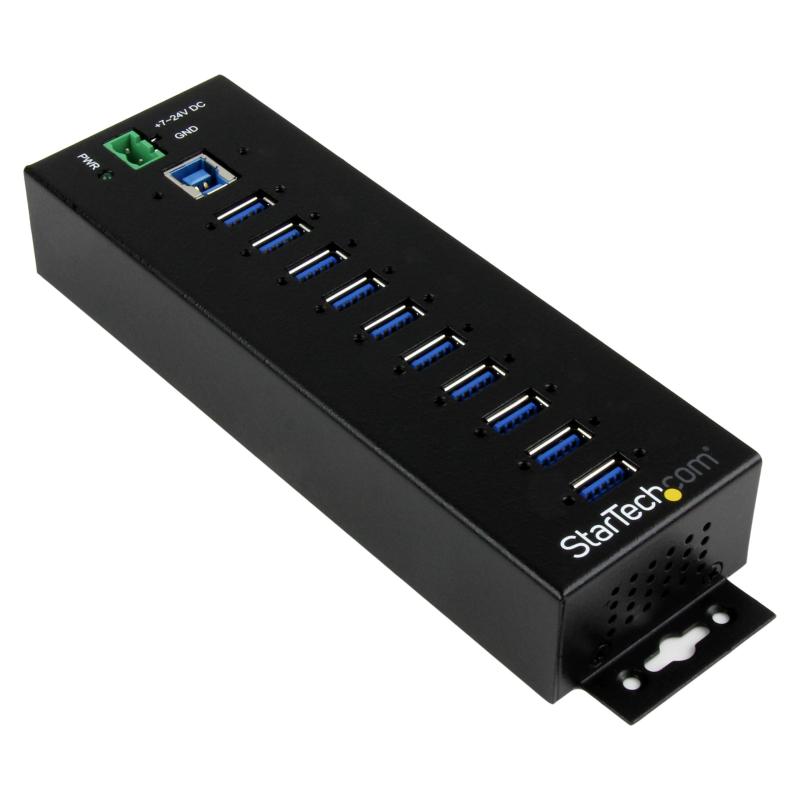 StarTech.com 10ポート産業用 USB 3.0ハブ ESD &amp; 350Wサージ保護 HB30A10AME高耐久性ハブ:頑丈なメタル筐体に10件のUSBデバイスを安全に接続するUSB 3.0ハブ。15kV気中/8kV接触放電ESD保護、350Wサージ保護機能対応。過酷な産業環境での使用に最適設置オプション:筐体についた固定金具でデスク面、天板裏、壁面などに固定、付属のDINブラケットでDINレールへの設置にも対応。1.8m USB 3.0ケーブル付属柔軟な給電方式:7Vから24VのDCレンジによるDC低下時の給電、端子台LPS(雷保護)、付属の電源アダプタによるAC出力をサポートし、システムに固有な電源要件に対応デバイス充電:最大4口のポートで12W(2.4A)の電力と5Gbpsのデータ転送に対応。電力要件が低いデバイスの組み合わせでは、最大50Wの電力共有が可能StarTech.comの利点:2年間メーカーと無期限無料技術サポートを提供。ダウンストリームデバイスの接続用に様々なUSBケーブル(別売)を展開