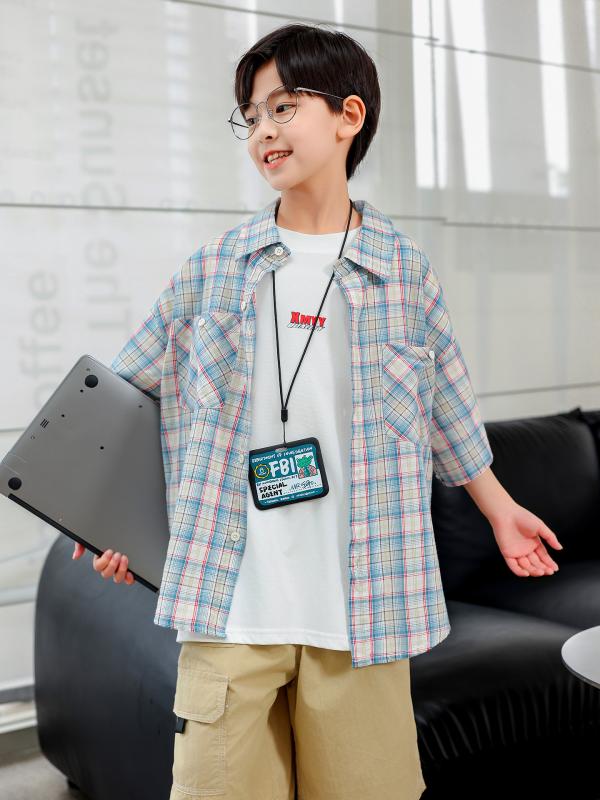 シャツ キッズ 男の子 半袖 綿100％ チェック柄 パンダ柄 学院風 トップス 子供用 柔らかい 肌触り良い 吸湿速乾 通気性 快適 普段着 通学用 お出かけ カジュアル スタイル 襟付き ゆったり シルエット おしゃれ かっこいい 体型カバー 体系カ
