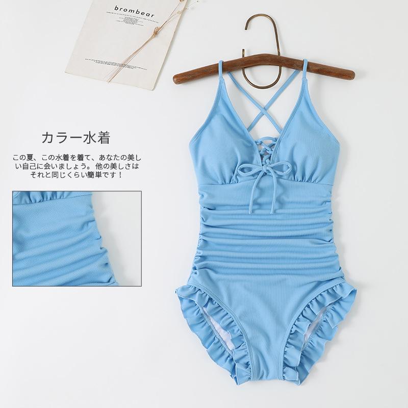ワンピース水着 レディース 純色 ビキニ風 フリル 女子学生向け 温泉 リゾート スイムウェア 高伸縮性 速乾素材 軽量 かわいい デザイン ピンク系 ブラック アイボリー 通年使用 ビーチ アウトドア 普段使い