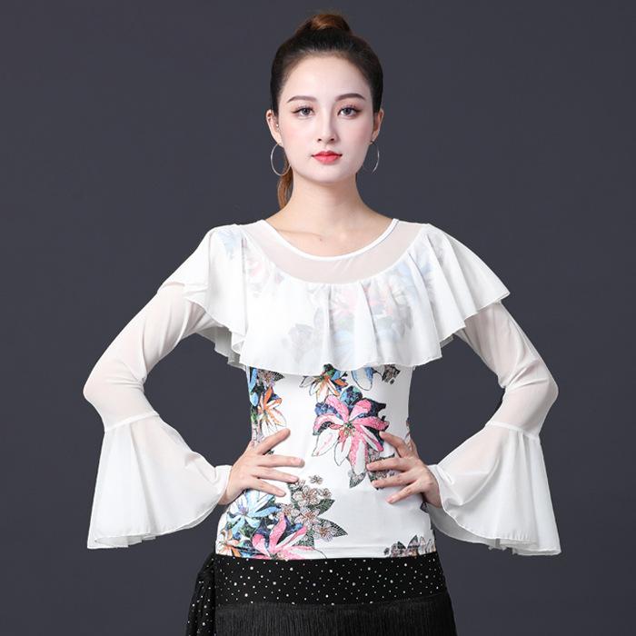 女性用 ダンスウェア ワルツ 衣装 ラテン舞 服 モダンダンス トップス 喇叭袖 ゆったり袖 伸縮性 素材 接触冷感 切り替えデザイン ブラック ピンク系 アイボリー 春夏 秋冬 通勤用 普段使い アウトドア 軽量 高級感 吸湿速乾